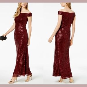 NEW Adrianna Papell [ 2 ] Off the‎ Shoulder Sequined Gown in Deep Wine
